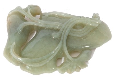Lot 124 - Green jade dish on carved wooden stand, 15cm long