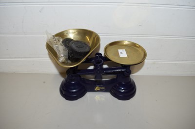 Lot 66 - PAIR OF IRON AND BRASS KITCHEN SCALES WITH...