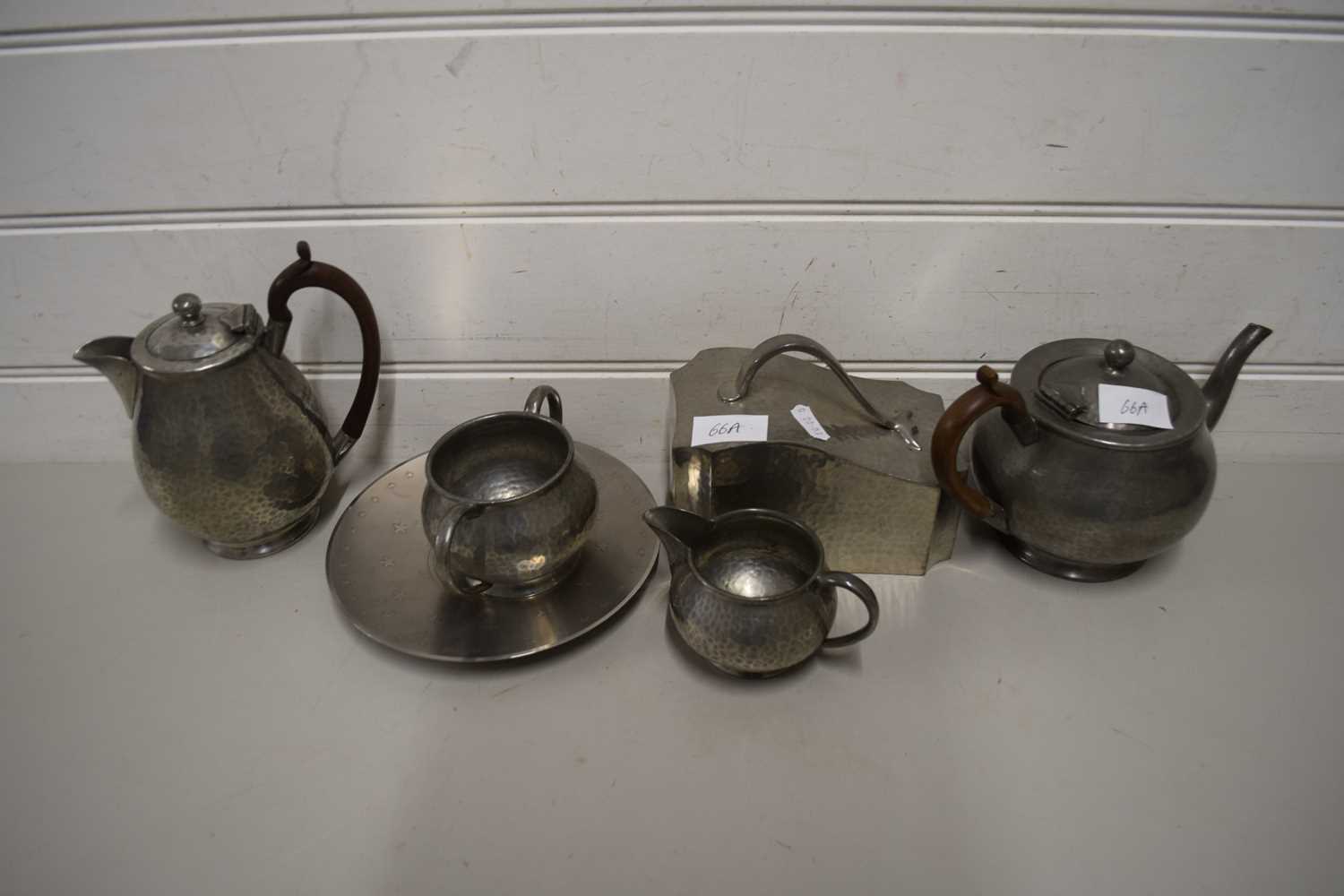 Lot 66 - TALBOT HAMMERED PEWTER TEA SET PLUS OTHER ITEMS