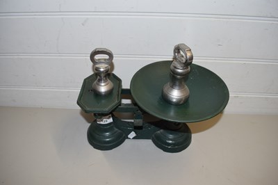 Lot 129 - VINTAGE GREEN PAINTED KITCHEN SCALES AND WEIGHTS
