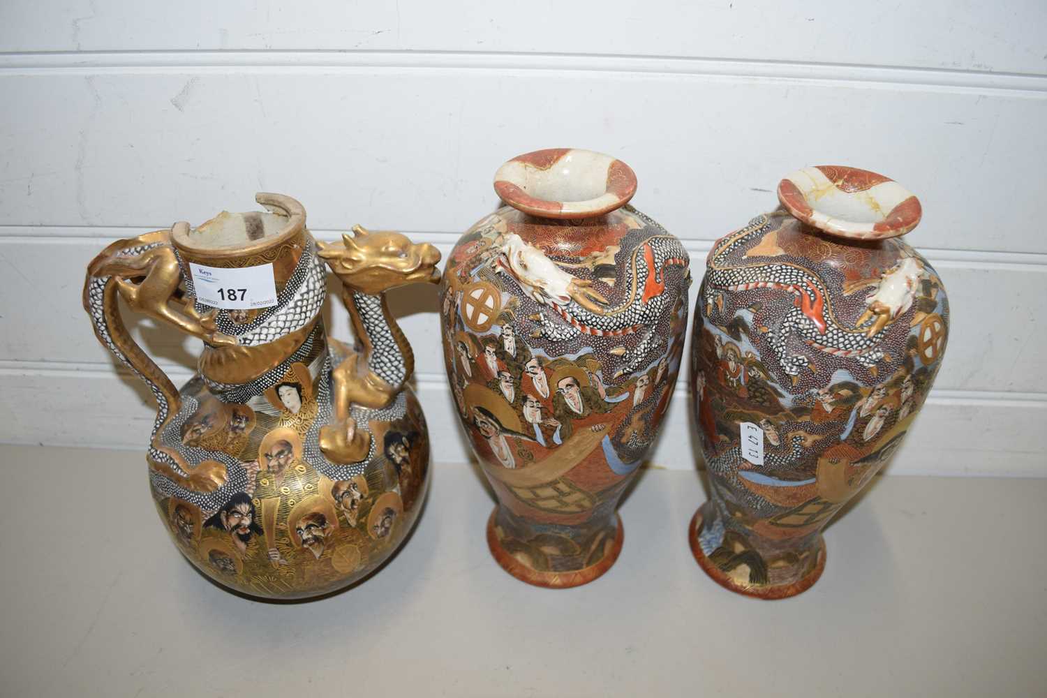 Lot 187 - PAIR OF JAPANESE SATSUMA VASES AND A FURTHER...
