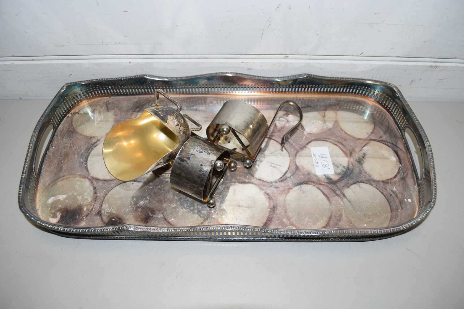 Lot 187 - SILVER PLATED SERVING TRAY AND FURTHER ITEMS