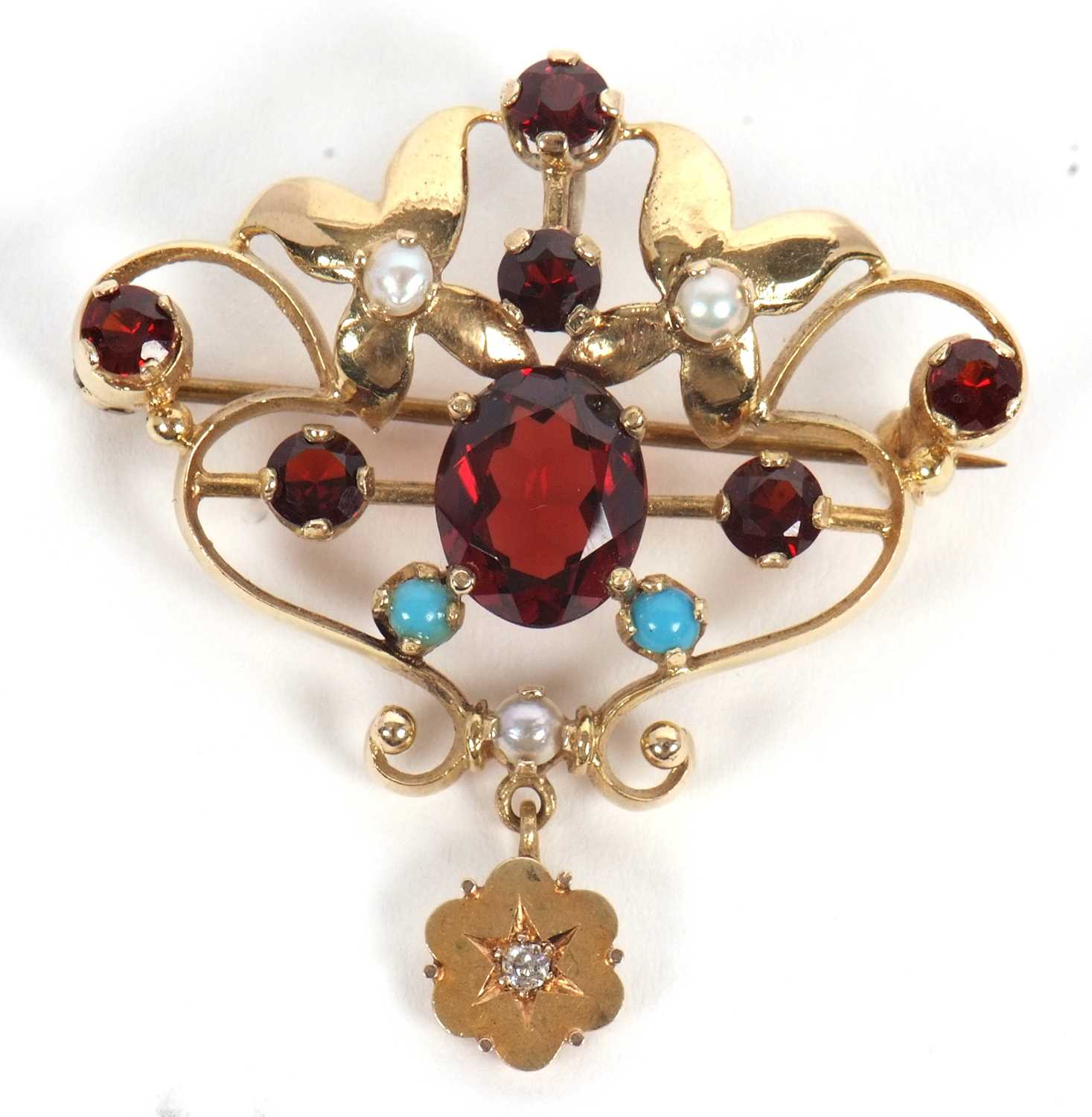 Lot 60 - A 9ct garnet, turquoise and pearl...