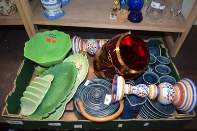 Lot 662 - BOX VARIOUS CERAMICS, RED GLASS VASE ETC