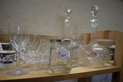 Lot 677 - MIXED LOT VARIOUS GLASS DECANTERS, SILVER...