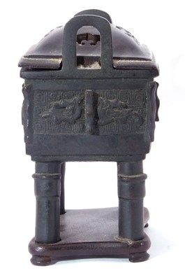 Lot 151 - Chinese bronze censer of archaic form, relief...