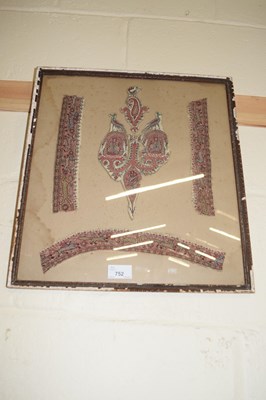 Lot 752 - FRAMED GROUP OF FRAGMENTS OF AN INDIAN SHAWL,...