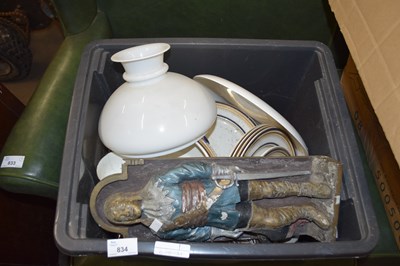 Lot 834 - ONE BOX VARIOUS KITCHEN WARES, OIL LAMP SHADES...