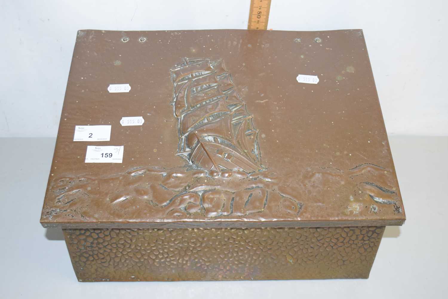 Lot 2 - Copper mounted slipper box with galleon...