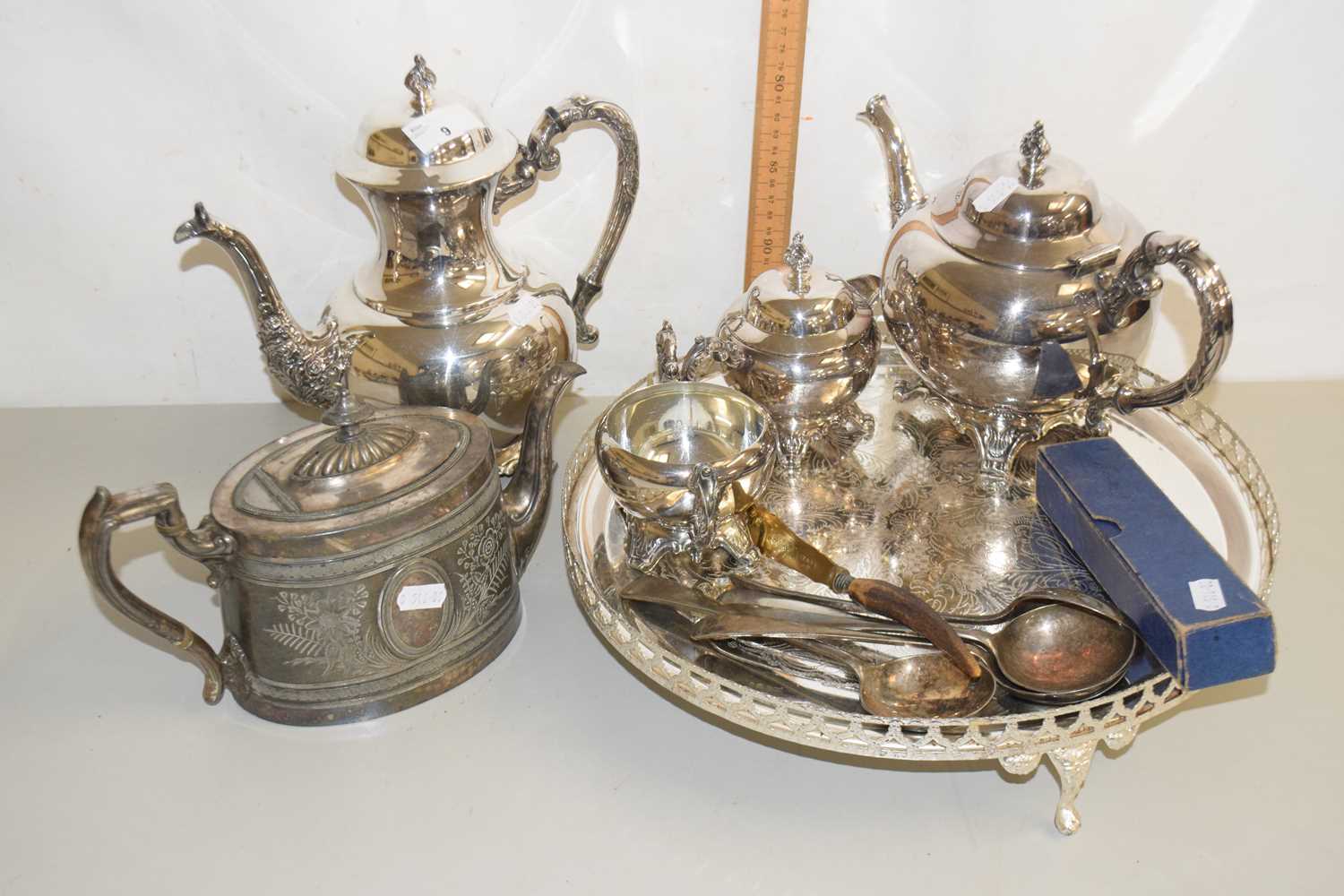 Lot 9 - Silver plated tea set, various cutlery and...