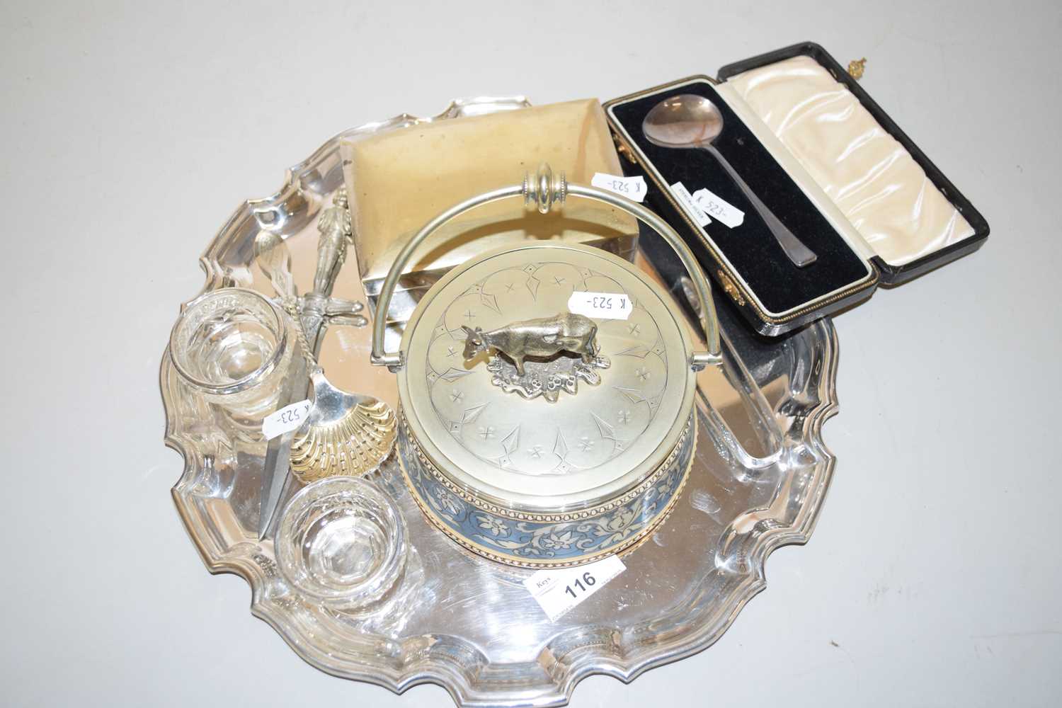 Lot 116 - Mixed Lot: Silver plated tray, cigarette box...