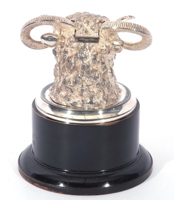 Lot 299 - Silver plated ram's head inkwell, the modelled...