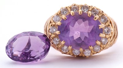 Lot 305 - 18ct gold amethyst and diamond ring, the oval...