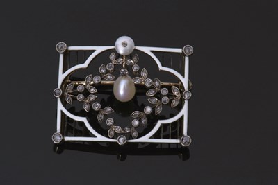 Lot 321 - European pearl, diamond and enamel brooch of...