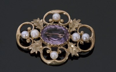 Lot 232 - 9ct gold amethyst and seed pearl open work...