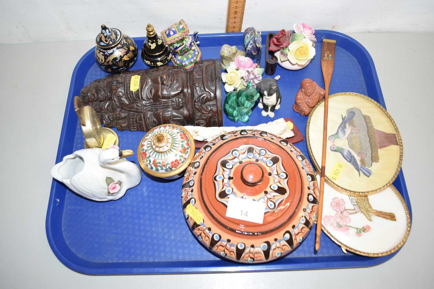 Lot 14 - A tray of various assorted ornaments, framed...