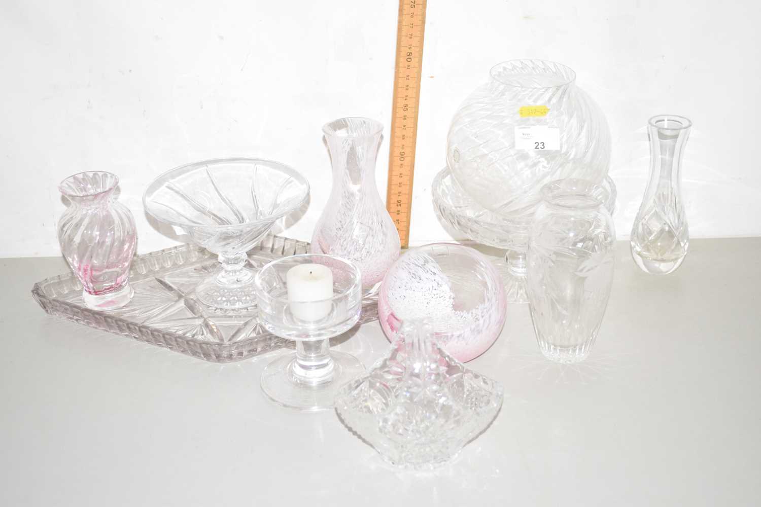 Lot 23 - Quantity of glass vases, dressing table tray...