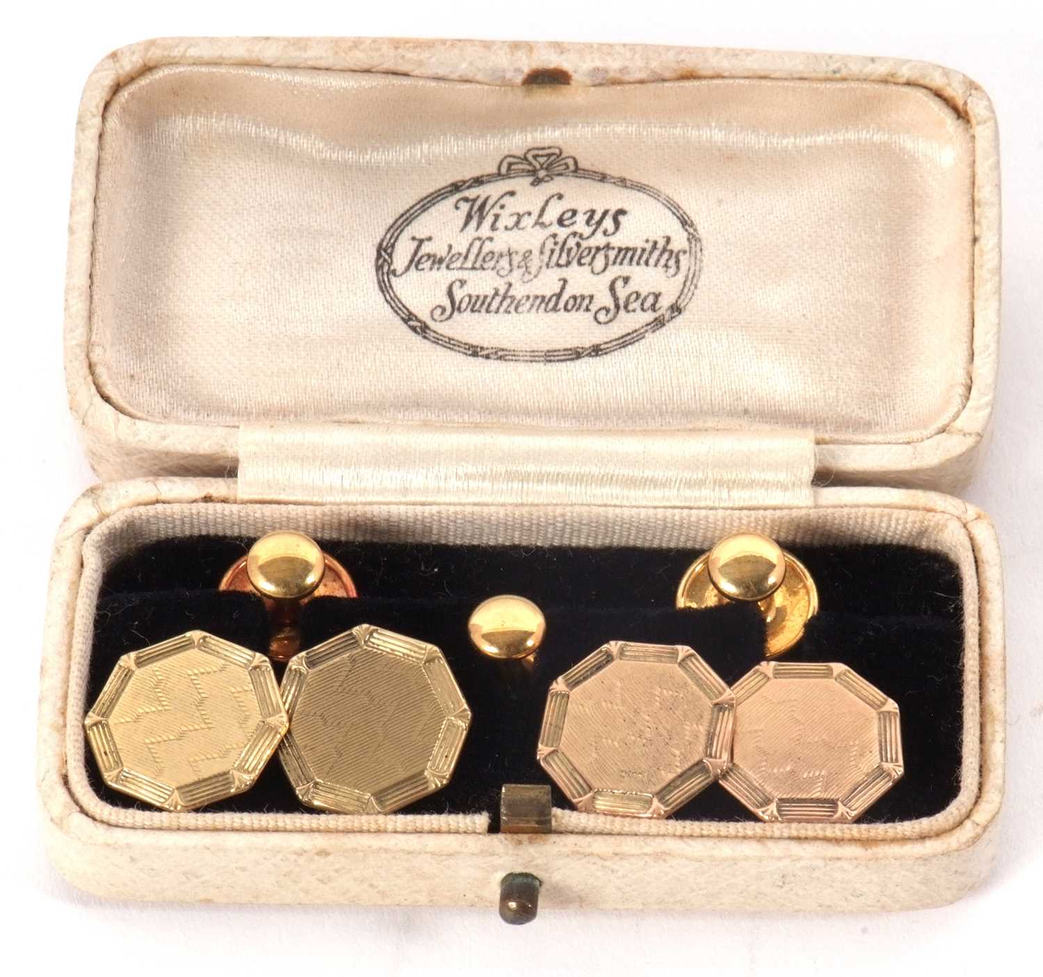 Lot 169 - A cased set of three 18ct collar studs,...