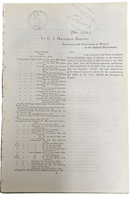 Lot 1219 - INDIA PRISONS AND JAILS BENGAL. C1840. Report....