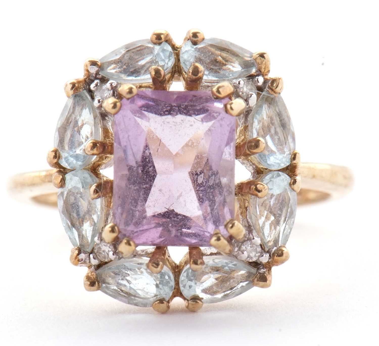 Lot 80 - A 9ct amethyst, topaz and diamond ring, the...