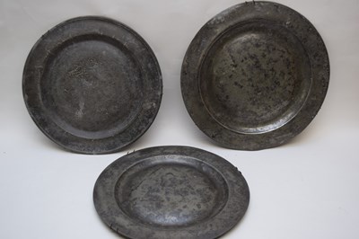 Lot 214 - Three 18th century pewter circular plates or...