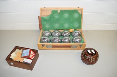 Lot 201 - CASE OF BOULE BALLS, A SMALL BOX OF GAMES AND...