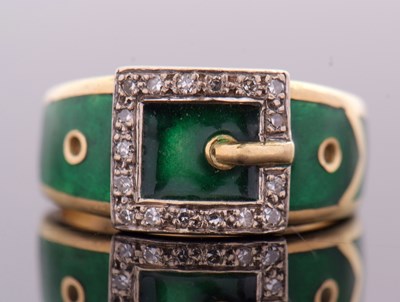 Lot 280 - An 18ct enamel and diamond buckle ring, with...