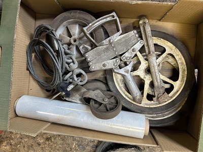 Lot 55 - Mixed box of various wheels, rivet gun, pallet...