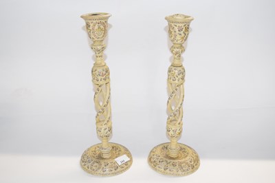 Lot 244 - A pair of antique Kashmiri candlesticks turned...