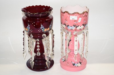 Lot 281 - A late 19th Century pink glass table lustre...