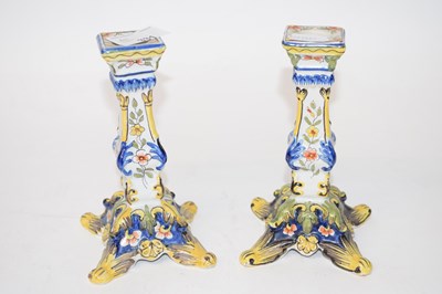Lot 331 - Pair of French faience candlesticks 15cm high