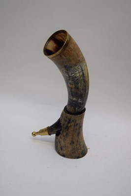 Lot 224 - Antique brass mounted cow horn drinking vessel...
