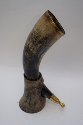 Lot 224 - Antique brass mounted cow horn drinking vessel...