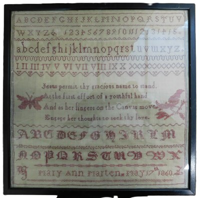 Lot 194 - A mid Victorian needlework sampler, all in red...