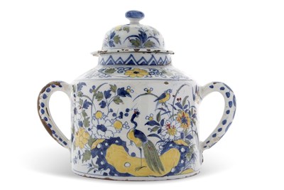 Lot 56 - A LARGE DELFT POSSET POT AND COVER LATE 17TH/EARLY 18th CENTURY