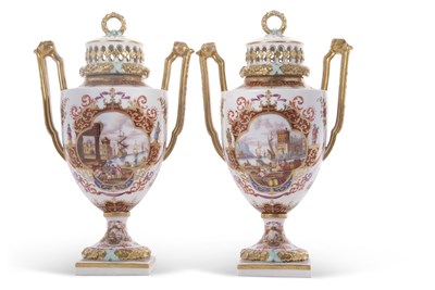 Lot 38 - A pair of Dresden vases and covers decorated...
