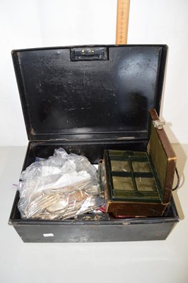 Lot 15 - Metal cash tin containing various silver...