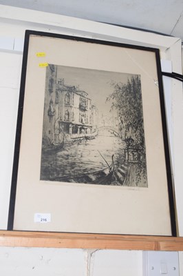 Lot 216 - An etching of a Venetian canal scene,...