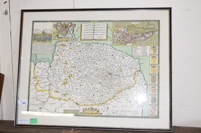 Lot 353 - Reproduction coloured map of Norfolk, framed...