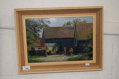 Lot 659 - View of a barn, oil on canvas, framed