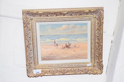 Lot 660 - Figures on the beach, oil on board, gilt frame