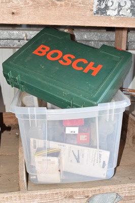 Lot 414 - Mixed box of shed clearance items, tools,...
