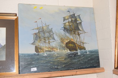 Lot 30 - An oil on canvas study of warships, unframed