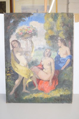 Lot 35 - Oil on canvas study of three nudes in a...