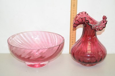 Lot 67 - A frilled cranberry glass vase and a further bowl