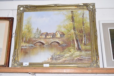 Lot 224 - Modern oil on canvas study of a river bridge