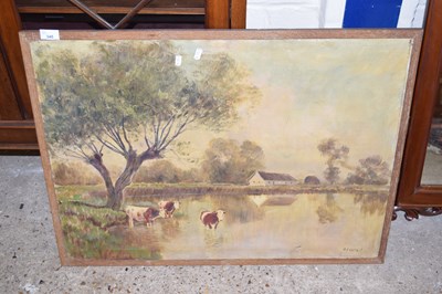 Lot 345 - Oil on canvas study of watering cattle, unframed