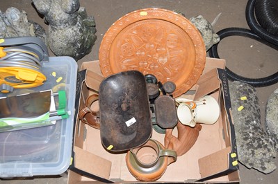 Lot 806 - Box of vintage scales, assorted jugs, fruit...