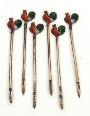 Lot 68 - A case of six silver gilt and enamel cocktail...