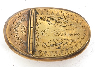 Lot 156 - A Victorian brass snuff box of curved oval...